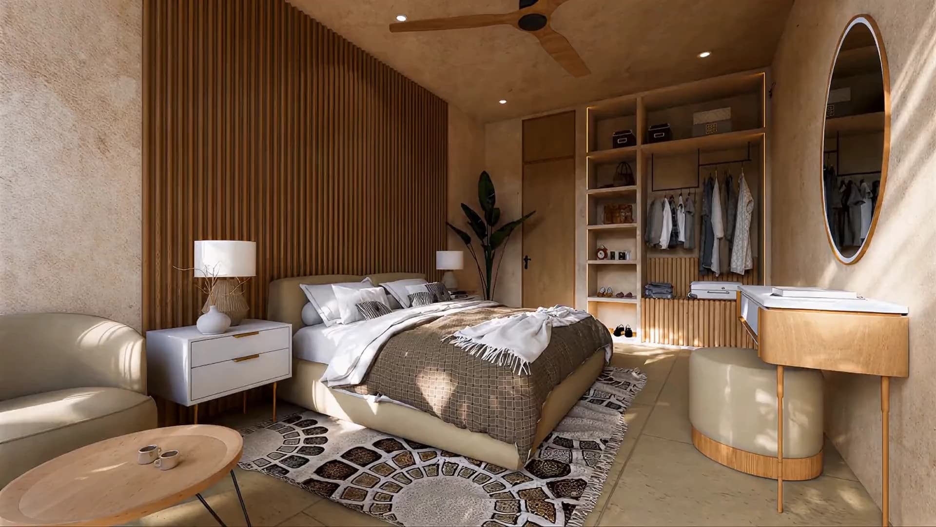 The Nest at Khala: a bedroom with a slatted timber wall, open wardrobe and low morning light across the bed.